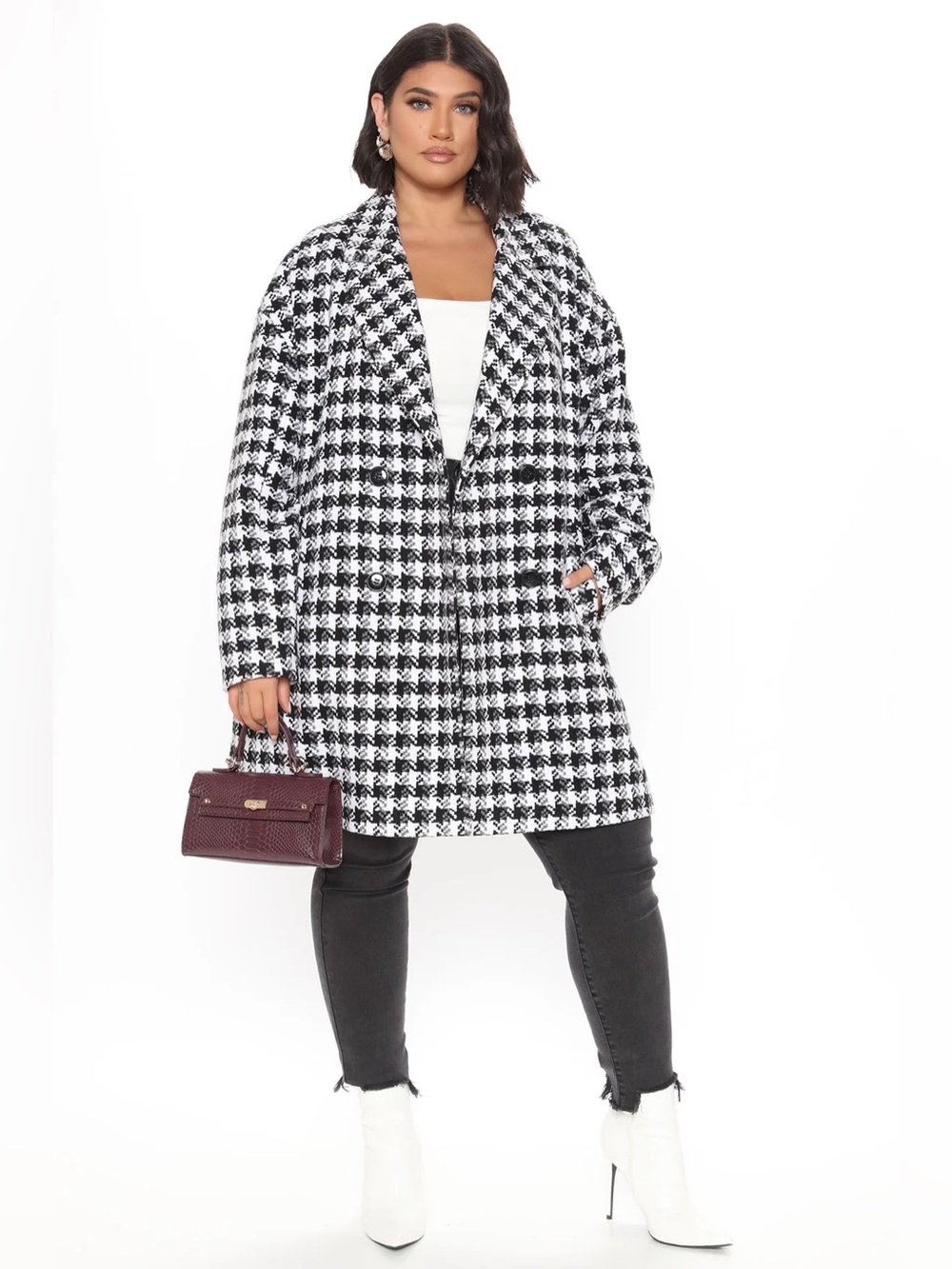 Plus Size Fashion Nova Black & White Houndstooth Trench Coat